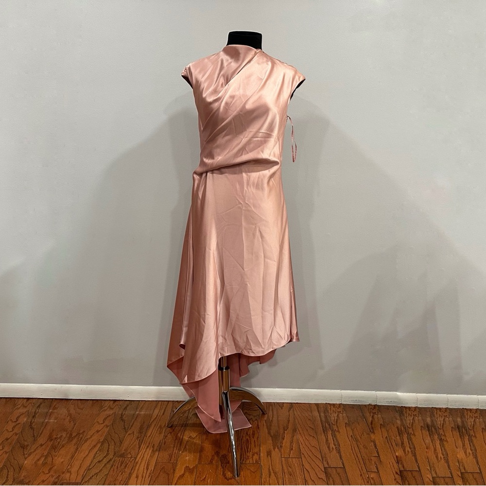 Amsale Rose Pink Drape Asymmetric Hem Satin Cocktail Dress